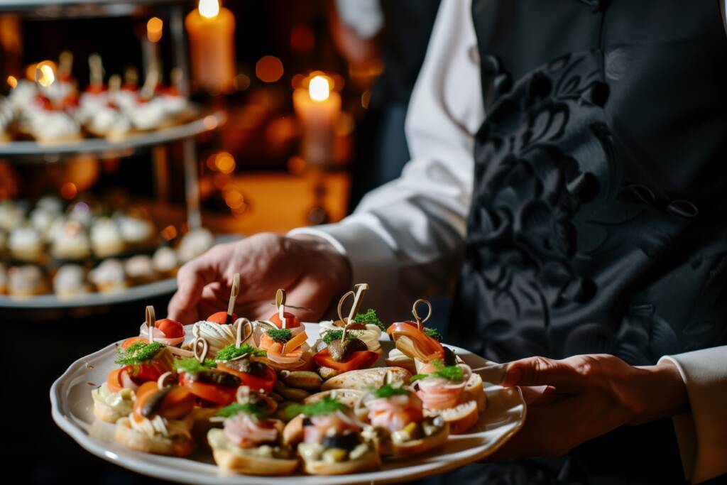 waiter holding tray of appetizers