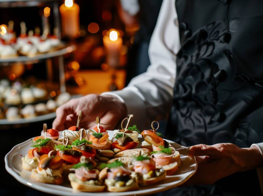 waiter holding tray of appetizers